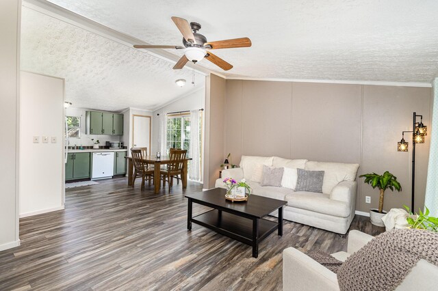 566 Sycamore St, Crescent Springs, KY 41017 - living room with a textured ceiling, dark wood-style flooring, a ceiling fan, lofted ceiling, and baseboards