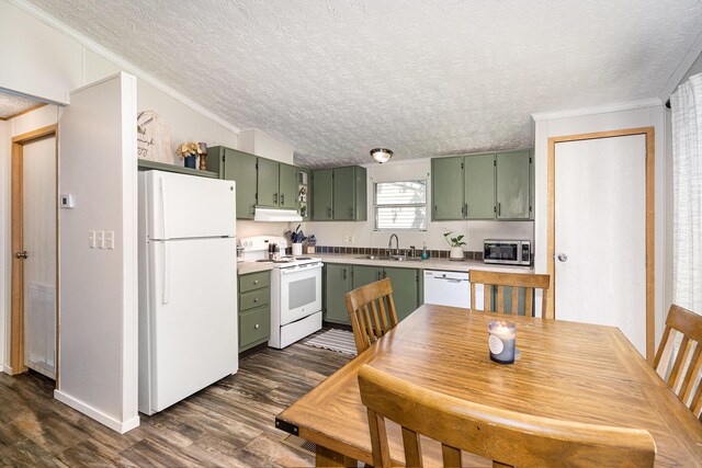 566 Sycamore St, Crescent Springs, KY 41017 - kitchen with green cabinetry, white appliances, a textured ceiling, dark wood finished floors, and crown molding