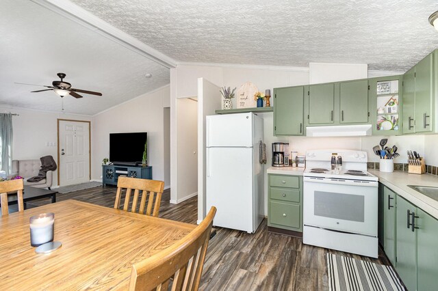 566 Sycamore St, Crescent Springs, KY 41017 - kitchen featuring white appliances, green cabinets, under cabinet range hood, vaulted ceiling, and dark wood-style flooring