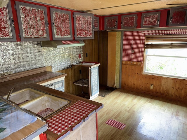 12544 Klein Rd, Morning View, KY 41063 - kitchen with wood finished floors, extractor fan, wood walls, and a sink