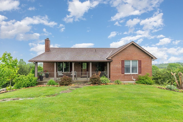 1019 Fisher Rd, Foster, KY 41043 - ranch-style home with brick siding, a chimney, a front yard, covered porch, and a shingled roof