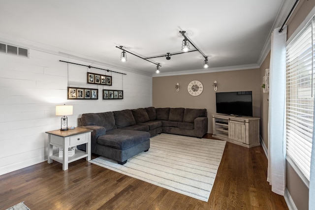 21 Laurel Ridge Dr, Alexandria, KY 41001 - living area with crown molding, rail lighting, dark wood finished floors, baseboards, and wood walls