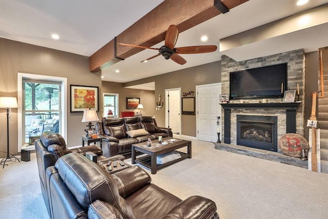 445 Elk Lake Resort Rd Unit 882, Owenton, KY 40359 - living room with carpet floors, a fireplace, a ceiling fan, recessed lighting, and lofted ceiling