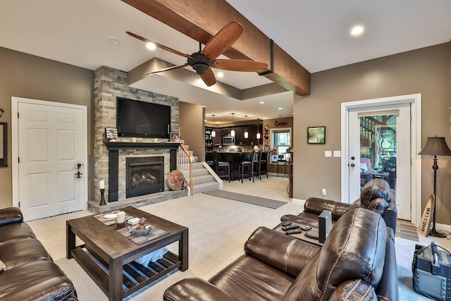 445 Elk Lake Resort Rd Unit 882, Owenton, KY 40359 - carpeted living area featuring a ceiling fan, a fireplace, recessed lighting, and baseboards