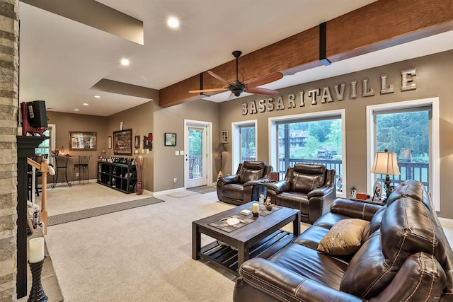 445 Elk Lake Resort Rd Unit 882, Owenton, KY 40359 - living area featuring light carpet, ceiling fan, a fireplace, baseboards, and recessed lighting
