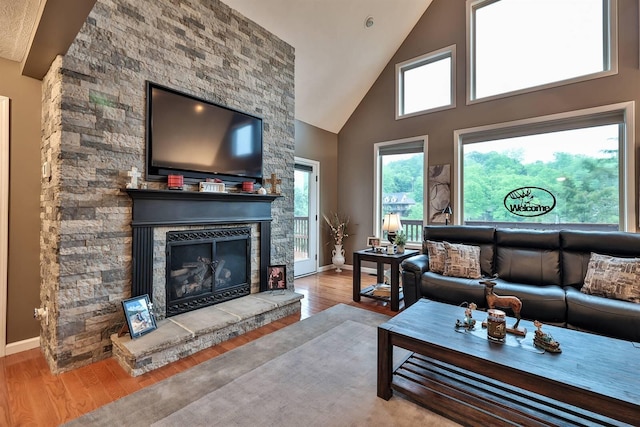 445 Elk Lake Resort Rd Unit 882, Owenton, KY 40359 - living area featuring a stone fireplace, wood finished floors, high vaulted ceiling, and baseboards