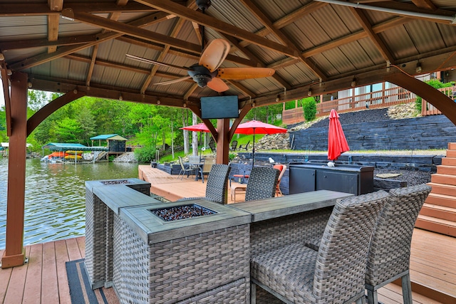 445 Elk Lake Resort Rd Unit 882, Owenton, KY 40359 - dock area featuring an outdoor fire pit, a gazebo, a wooden deck, and outdoor dining area