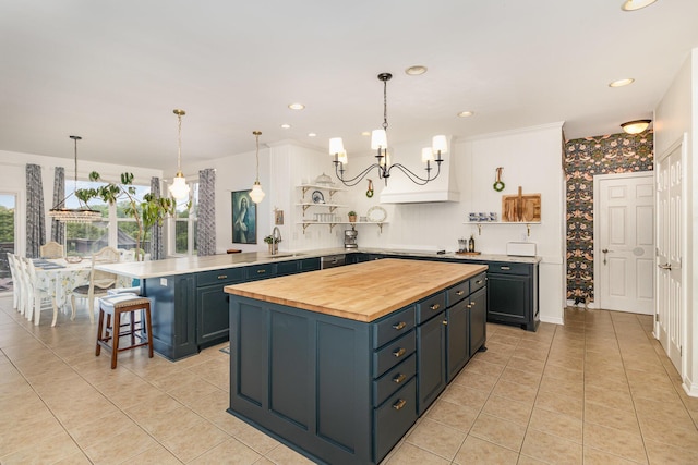8394 Saint Louis Blvd, Union, KY 41091 - kitchen with wooden counters, wallpapered walls, a sink, a peninsula, and open shelves