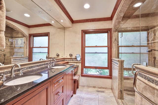 721 Dudley Rd, Edgewood, KY 41017 - full bath featuring crown molding, double vanity, recessed lighting, plenty of natural light, and a shower stall