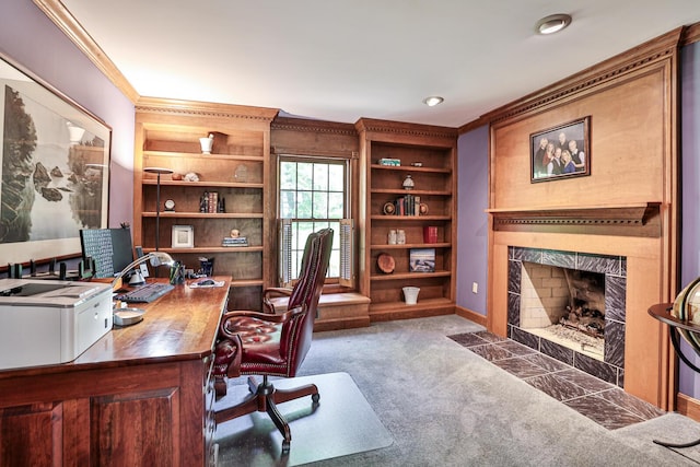 721 Dudley Rd, Edgewood, KY 41017 - office space with carpet flooring, ornamental molding, a fireplace, and built in features