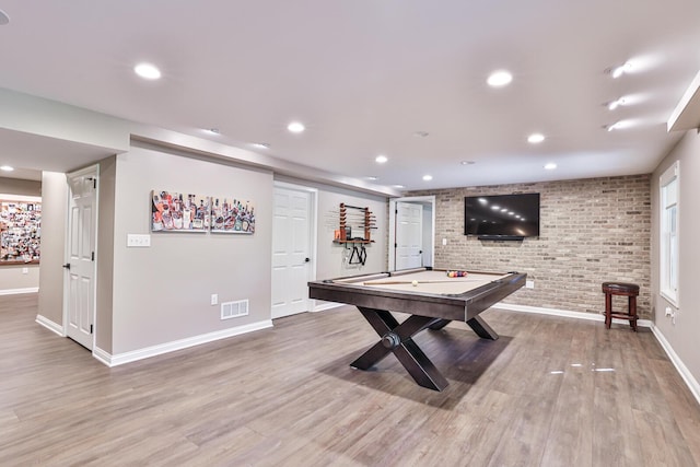 721 Dudley Rd, Edgewood, KY 41017 - rec room featuring brick wall, baseboards, wood finished floors, pool table, and recessed lighting
