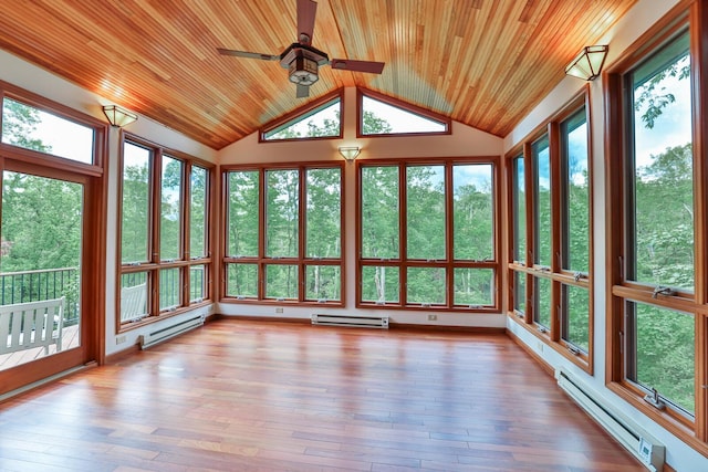 721 Dudley Rd, Edgewood, KY 41017 - unfurnished sunroom with wooden ceiling, a baseboard heating unit, lofted ceiling, and wood-type flooring