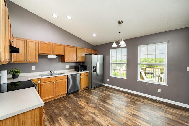 92 High St, Walton, KY 41094 - kitchen with stainless steel appliances, light countertops, dark wood finished floors, baseboards, and recessed lighting