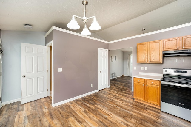 92 High St, Walton, KY 41094 - kitchen featuring stainless steel range with electric cooktop, under cabinet range hood, wood finished floors, lofted ceiling, and baseboards
