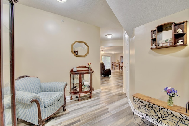 5913 Boulder Vw, Cold Spring, KY 41076 - living area featuring light wood-style flooring, baseboards, a textured ceiling, and ceiling fan
