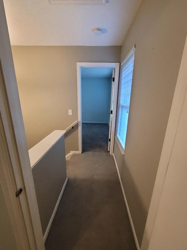 218 Shaker Heights Ln, Crestview Hills, KY 41017 - hallway featuring dark carpet, plenty of natural light, and an upstairs landing