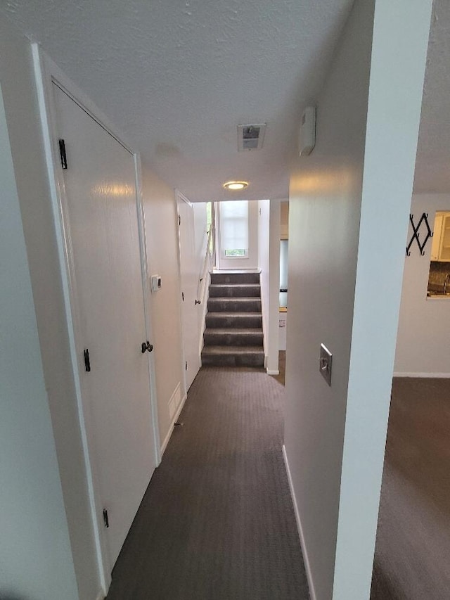 152 Steelway Farm Ct, Crestview Hills, KY 41017 - hall featuring dark colored carpet, a textured ceiling, and stairway