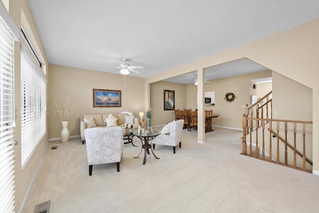 1622 Castle Hill Ln, Fort Wright, KY 41011 - living area featuring ceiling fan, carpet flooring, baseboards, and stairs