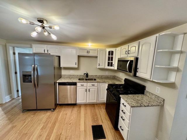 503 W 13th St, Newport, KY 41071 - kitchen with stainless steel appliances, a sink, open shelves, white cabinetry, and light wood finished floors