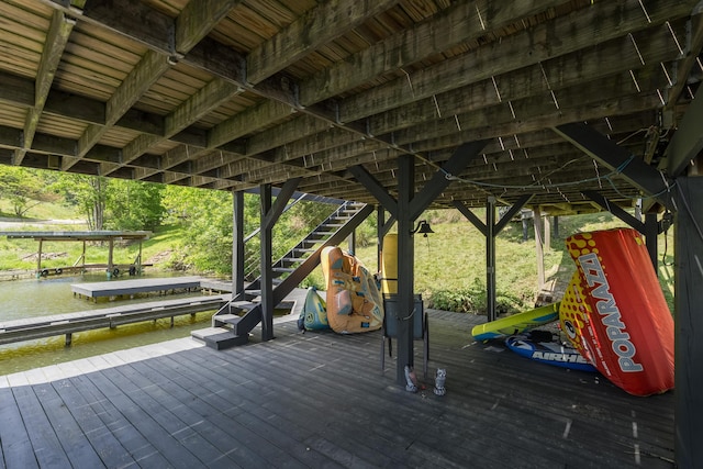 310 Greene Rd, Williamstown, KY 41097 - wooden terrace featuring a dock, a water view, stairway, and boat lift