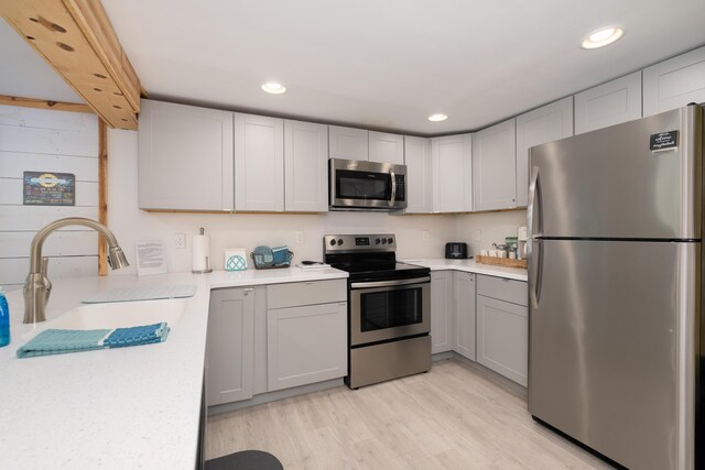 310 Greene Rd, Williamstown, KY 41097 - kitchen featuring stainless steel appliances, light countertops, a sink, gray cabinetry, and light wood-style floors