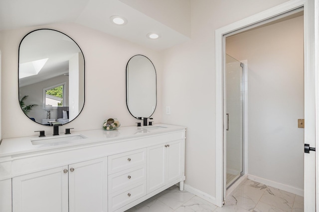 902 Vernon Pl, Covington, KY 41016 - bathroom featuring marble look tiles, double vanity, recessed lighting, baseboards, and a shower stall