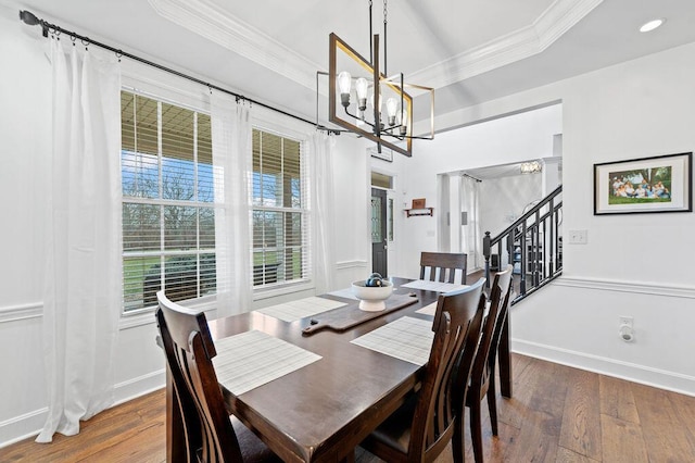 4800 Brewer Ln, Petersburg, KY 41080 - dining room featuring ornamental molding, wood-type flooring, a chandelier, stairs, and recessed lighting