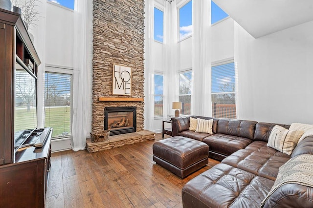4800 Brewer Ln, Petersburg, KY 41080 - living room featuring a towering ceiling, hardwood / wood-style flooring, and a stone fireplace