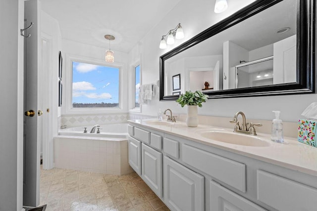 4800 Brewer Ln, Petersburg, KY 41080 - bathroom featuring double vanity, a garden tub, an enclosed shower, and tile patterned floors