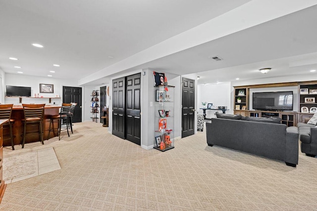 4800 Brewer Ln, Petersburg, KY 41080 - living area with light colored carpet, recessed lighting, baseboards, and bar area