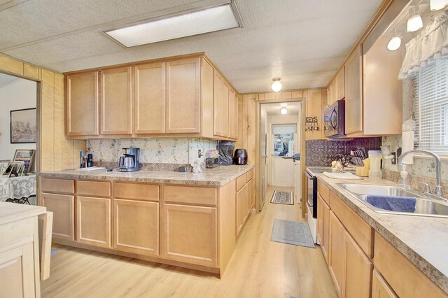12085 Dickerson Rd, Walton, KY 41094 - kitchen featuring a sink, light brown cabinetry, light wood-style floors, stainless steel microwave, and a textured ceiling