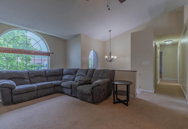2780 Berwood Ln, Hebron, KY 41048 - living room with carpet, plenty of natural light, lofted ceiling, a chandelier, and ceiling fan