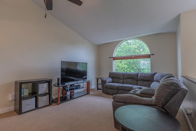 2780 Berwood Ln, Hebron, KY 41048 - living area with carpet flooring, a ceiling fan, and vaulted ceiling