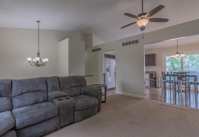 2780 Berwood Ln, Hebron, KY 41048 - living room with a chandelier, light carpet, ceiling fan, and high vaulted ceiling