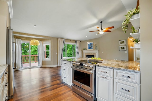 2642 Sterling Trce, Burlington, KY 41005 - kitchen featuring stainless steel range with electric cooktop, a ceiling fan, dark wood-style flooring, a fireplace, and white cabinets