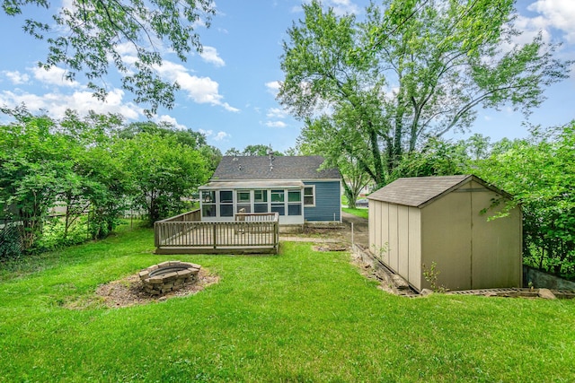 2530 Avon Dr, Crescent Park, KY 41017 - rear view of property featuring an outdoor fire pit, a deck, a lawn, and roof with shingles
