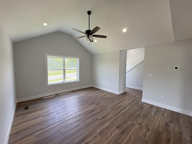 160 Saddlebrook Ln, Dry Ridge, KY 41035 - unfurnished room with ceiling fan, lofted ceiling, dark wood-type flooring, baseboards, and recessed lighting