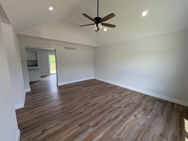 160 Saddlebrook Ln, Dry Ridge, KY 41035 - spare room with a ceiling fan, vaulted ceiling, baseboards, dark wood-style floors, and recessed lighting