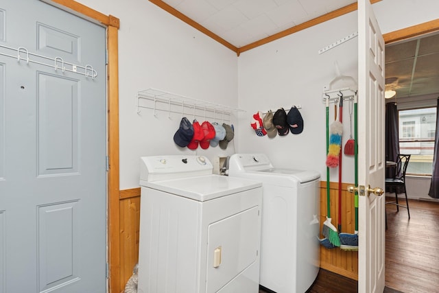626 E 2nd St, Augusta, KY 41002 - washroom featuring washing machine and clothes dryer, ornamental molding, and wood finished floors