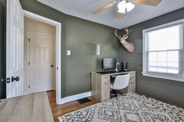 406 Hallam Ave, Erlanger, KY 41018 - home office featuring wood finished floors, a ceiling fan, baseboards, and wood walls