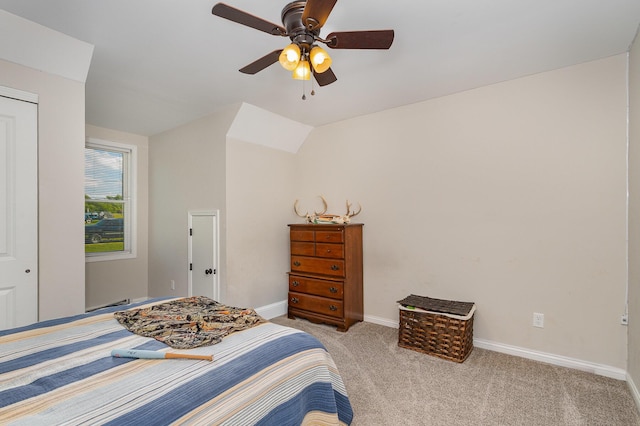 1500 Heathen Ridge Rd, Crittenden, KY 41030 - bedroom with light carpet, baseboards, a ceiling fan, and vaulted ceiling