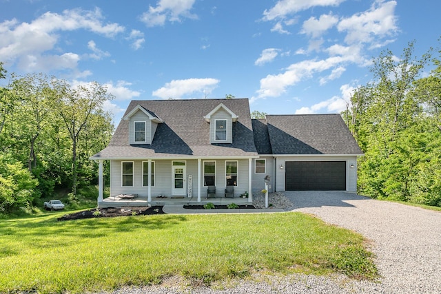 1500 Heathen Ridge Rd, Crittenden, KY 41030 - cape cod home featuring gravel driveway, a garage, a front lawn, a porch, and roof with shingles