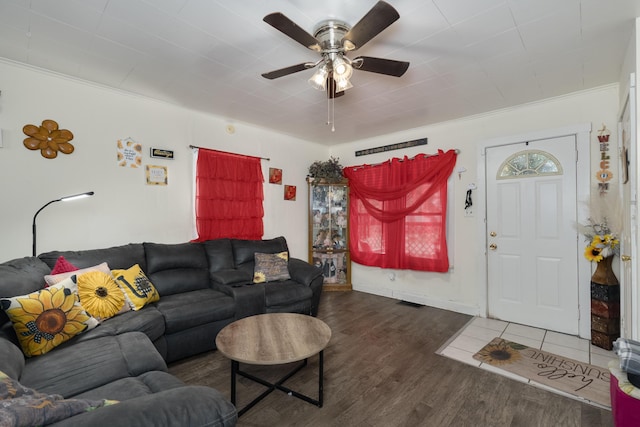 29 Locust St, Walton, KY 41094 - living room with wood finished floors, a ceiling fan, and ornamental molding