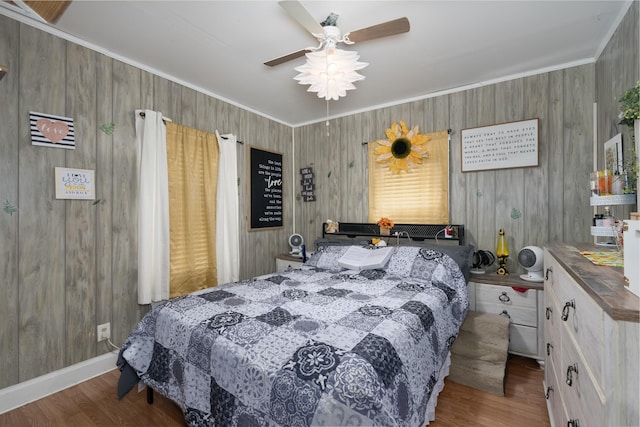 29 Locust St, Walton, KY 41094 - bedroom with wood finished floors, ornamental molding, wooden walls, and a ceiling fan