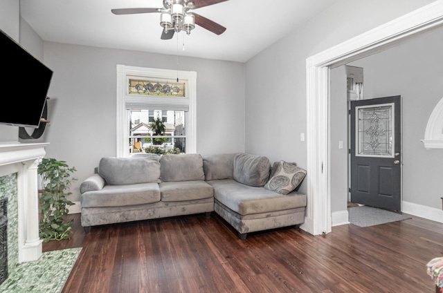 259 Van Voast Ave Unit 1, Bellevue, KY 41073 - living room featuring a fireplace, ceiling fan, wood finished floors, and baseboards
