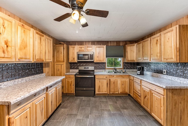 5489 Bridgeville Rd, Brooksville, KY 41004 - kitchen featuring appliances with stainless steel finishes, a sink, tasteful backsplash, and ceiling fan