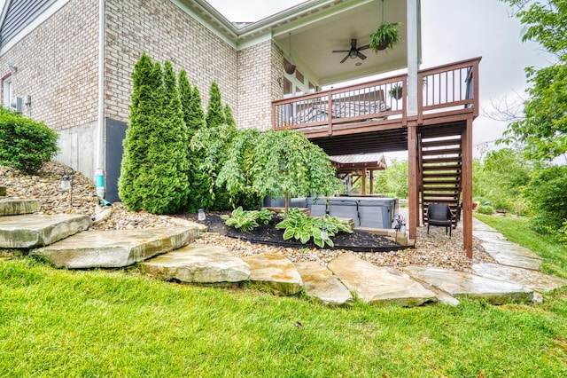 827 Iva Del Ct, Crescent Springs, KY 41017 - rear view of house featuring a hot tub, ceiling fan, a deck, brick siding, and stairway
