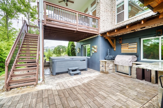827 Iva Del Ct, Crescent Springs, KY 41017 - view of patio featuring a hot tub, stairs, ceiling fan, a deck, and an outdoor kitchen