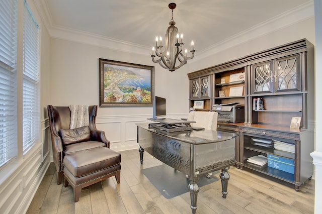 827 Iva Del Ct, Crescent Springs, KY 41017 - home office featuring a chandelier, ornamental molding, light wood-type flooring, a decorative wall, and wainscoting