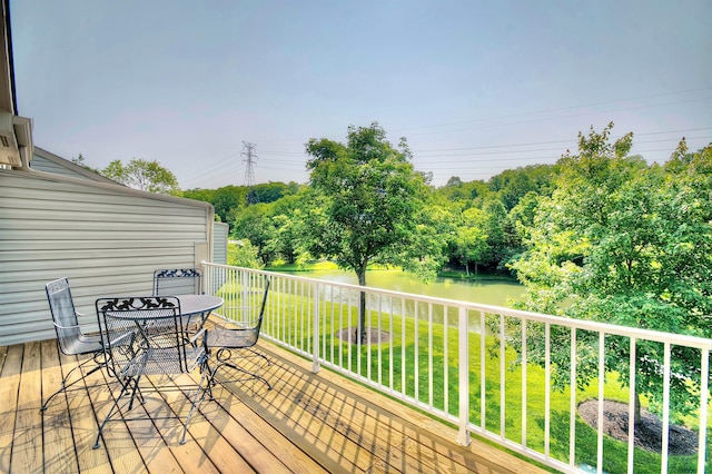 208 Misty Cove Way, Highland Heights, KY 41076 - deck featuring outdoor dining space, a yard, a water view, and view of wooded area